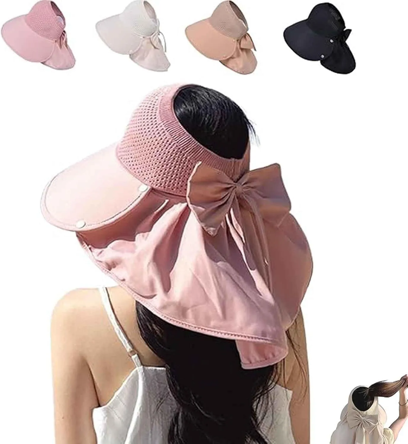 2025 New Large-Brim Hollow Sunscreen Hat with Removable Neck Shawl, Summer Essentials Large-Brim Hollow Sunscreen Hat