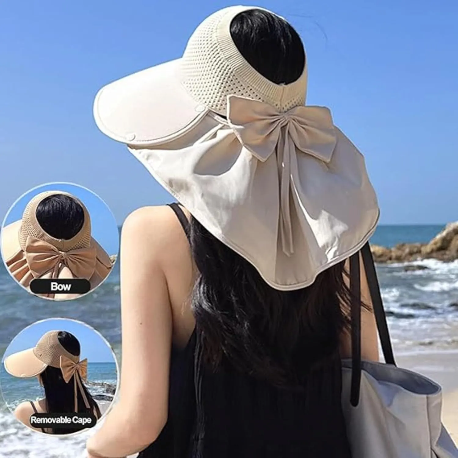 2025 New Large-Brim Hollow Sunscreen Hat with Removable Neck Shawl, Summer Essentials Large-Brim Hollow Sunscreen Hat