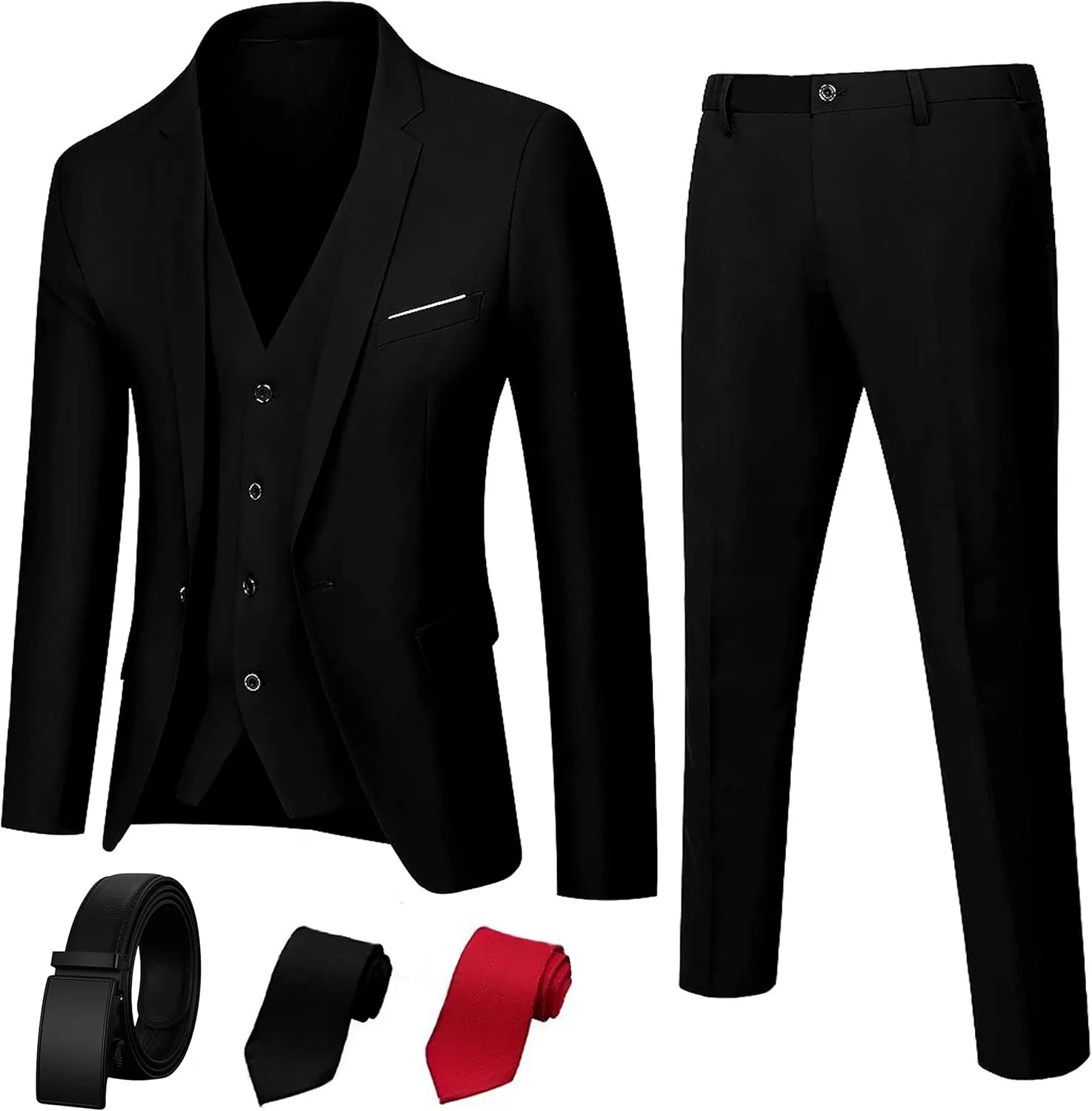 3 Piece Mens Suit, Slim Fit Stylish Jacket, Pants, Vest, 2 Ties, and Belt, Perfect for Weddings, Business and More