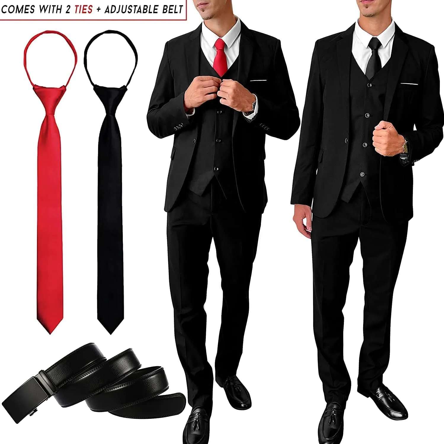 3 Piece Mens Suit, Slim Fit Stylish Jacket, Pants, Vest, 2 Ties, and Belt, Perfect for Weddings, Business and More