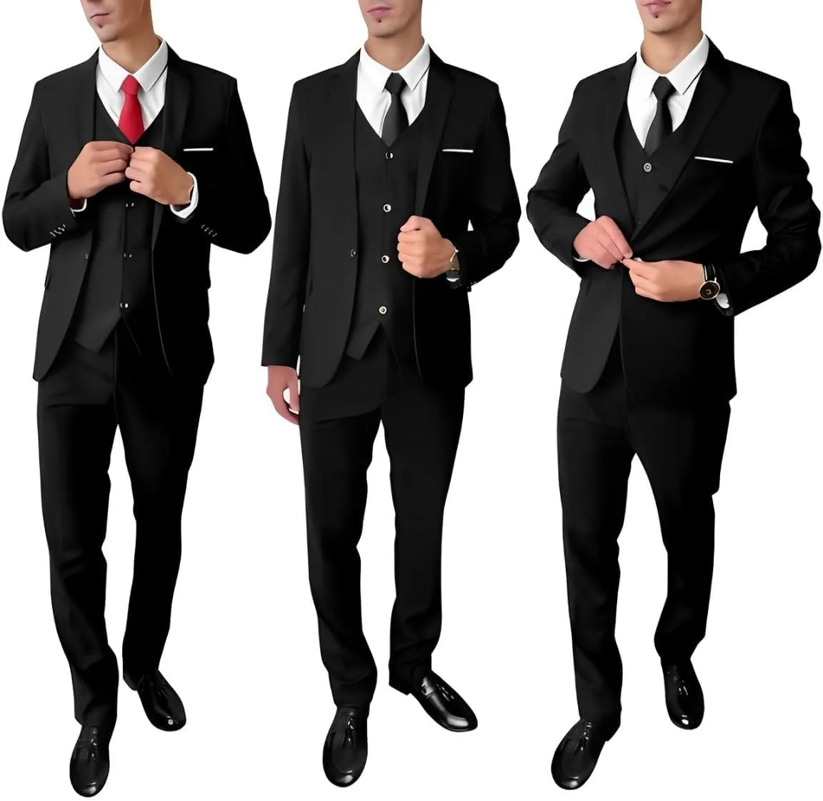 3 Piece Mens Suit, Slim Fit Stylish Jacket, Pants, Vest, 2 Ties, and Belt, Perfect for Weddings, Business and More