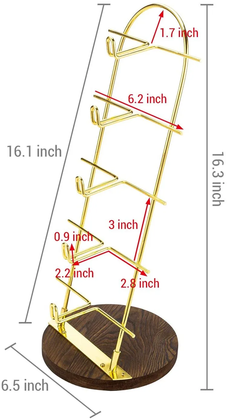 5-Tier Gold Metal Sunglasses Display Stand with Brown Wood Jewelry Holder Base, Retail Eyewear Rack