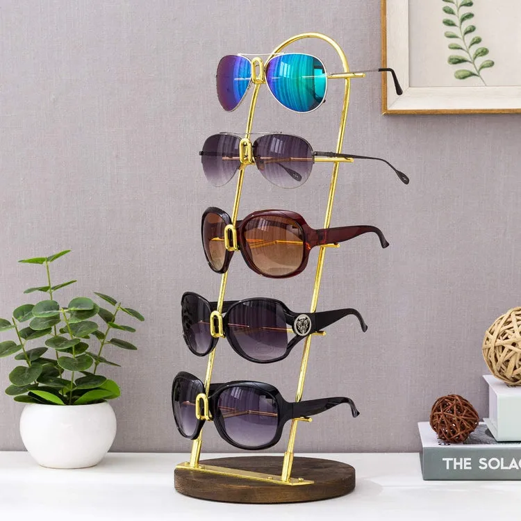 5-Tier Gold Metal Sunglasses Display Stand with Brown Wood Jewelry Holder Base, Retail Eyewear Rack