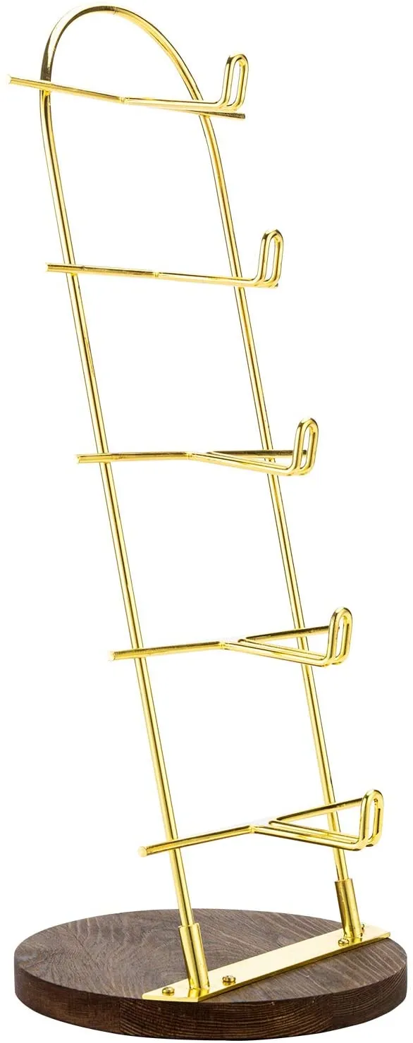 5-Tier Gold Metal Sunglasses Display Stand with Brown Wood Jewelry Holder Base, Retail Eyewear Rack