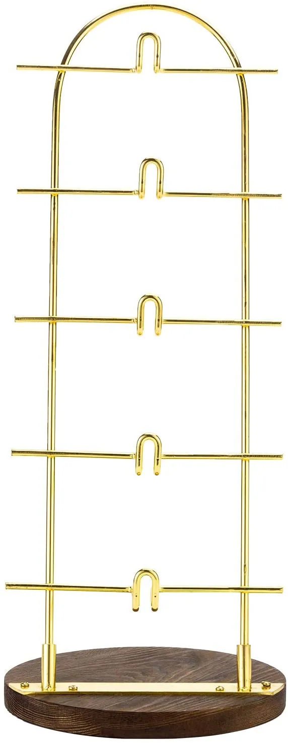 5-Tier Gold Metal Sunglasses Display Stand with Brown Wood Jewelry Holder Base, Retail Eyewear Rack