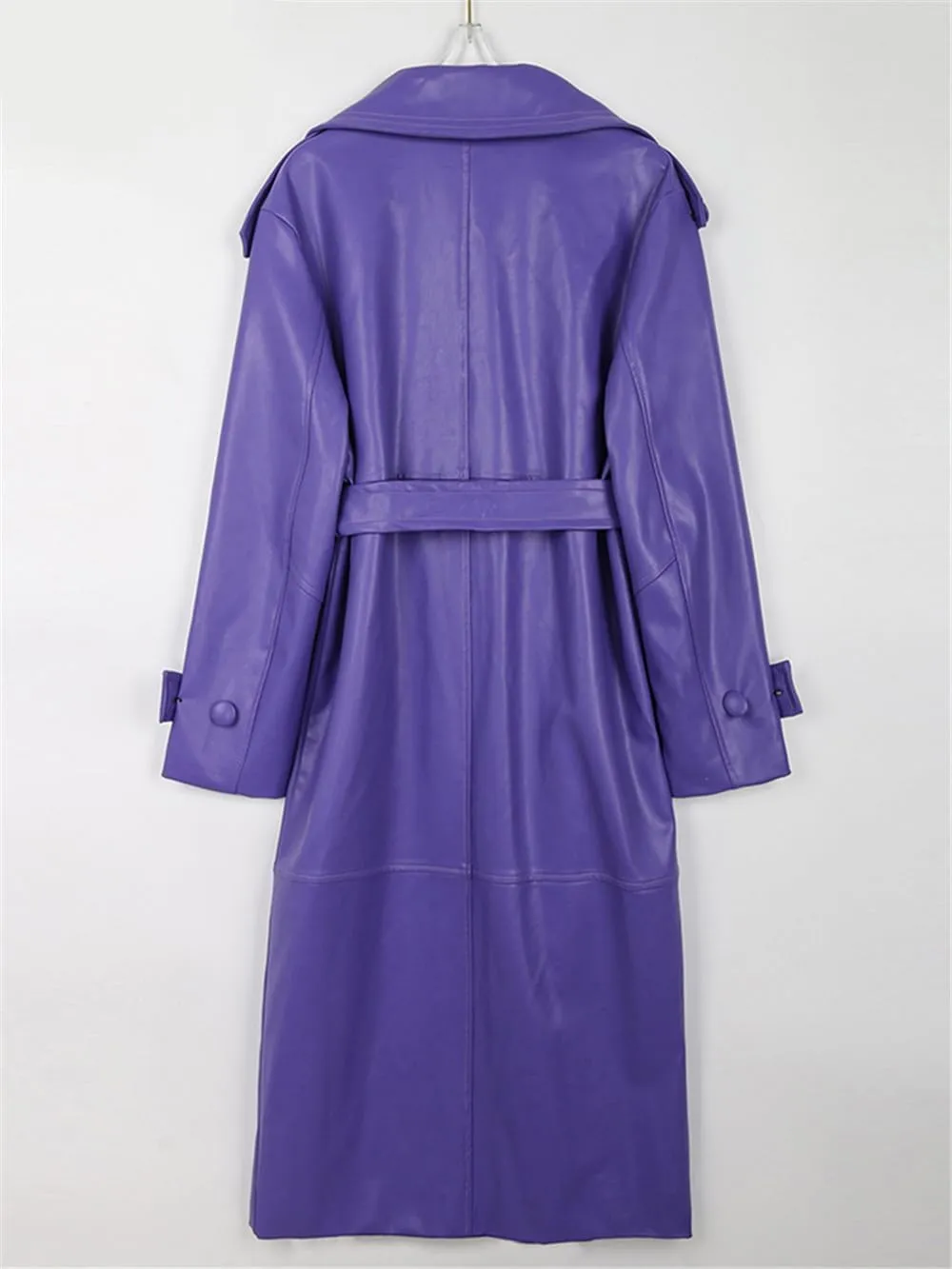 Autumn Long Purple Faux Leather Trench Coat for Women Belt Stylish Pockets Overcoat
