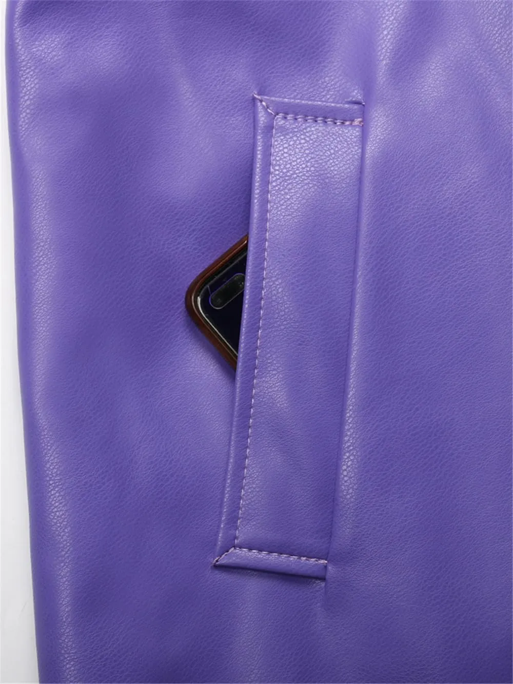 Autumn Long Purple Faux Leather Trench Coat for Women Belt Stylish Pockets Overcoat