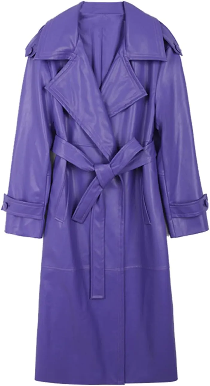 Autumn Long Purple Faux Leather Trench Coat for Women Belt Stylish Pockets Overcoat