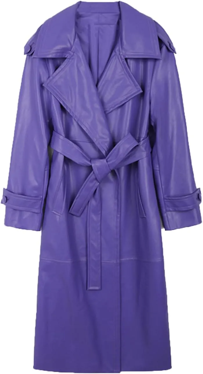 Autumn Long Purple Faux Leather Trench Coat for Women Belt Stylish Pockets Overcoat