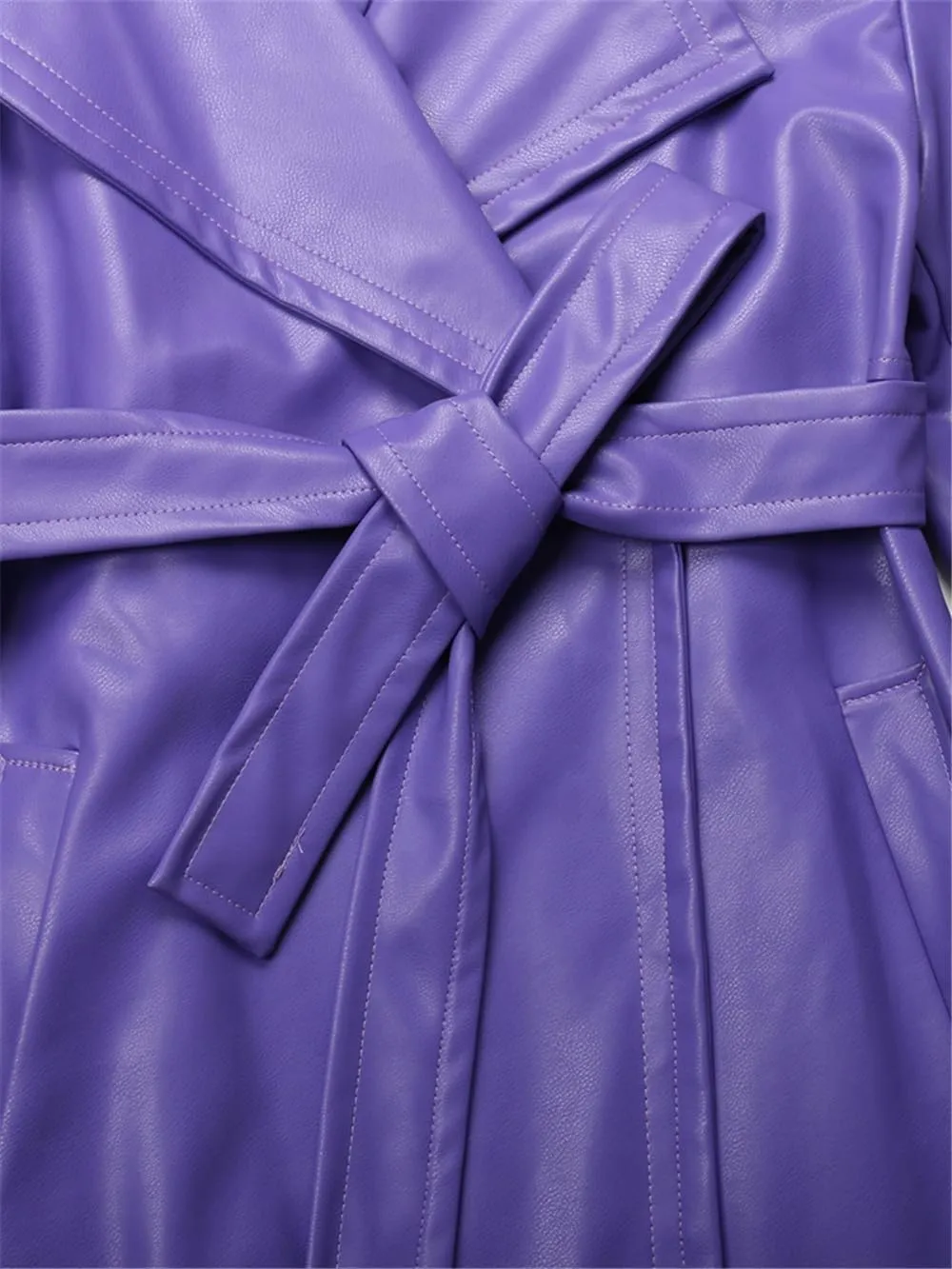 Autumn Long Purple Faux Leather Trench Coat for Women Belt Stylish Pockets Overcoat