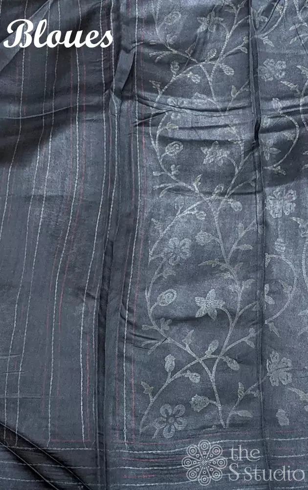 Black chanderi cotton saree with floral prints and kantha embroidery
