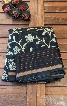 Black chanderi cotton saree with floral prints and kantha embroidery
