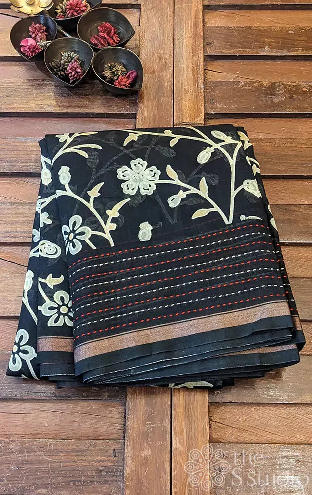 Black chanderi cotton saree with floral prints and kantha embroidery