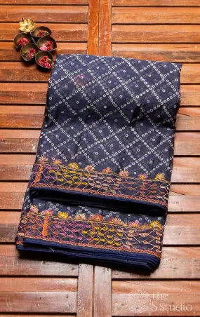 Blue organza saree with bandhani prints and embroidery border