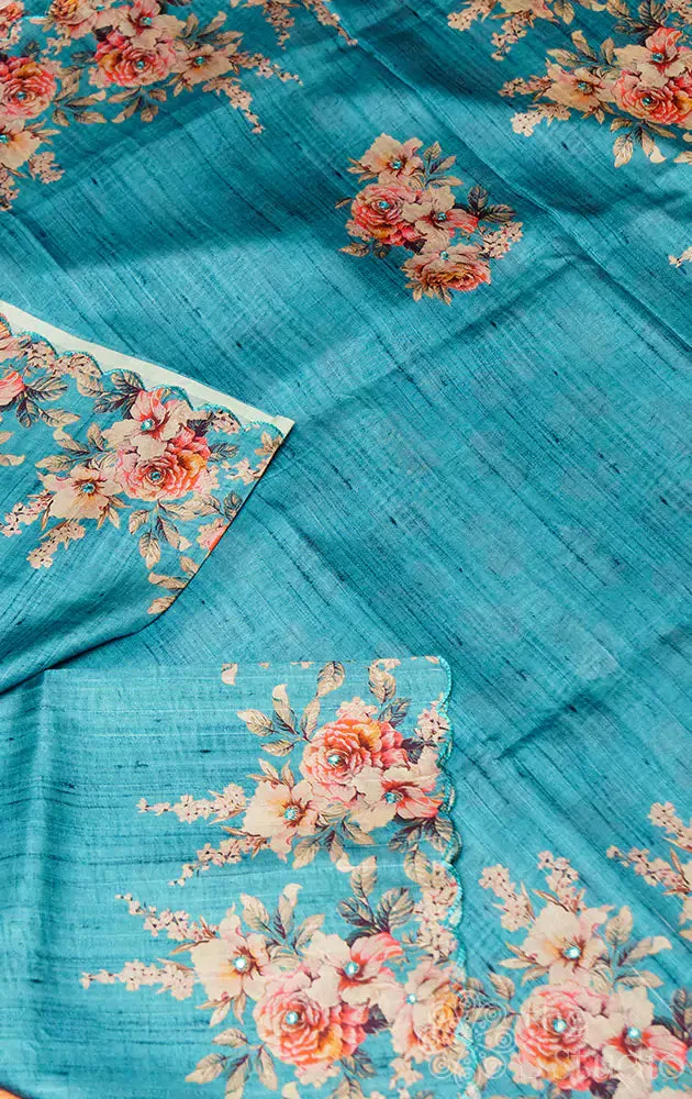 Blue Semi tussar saree with printed embroidery