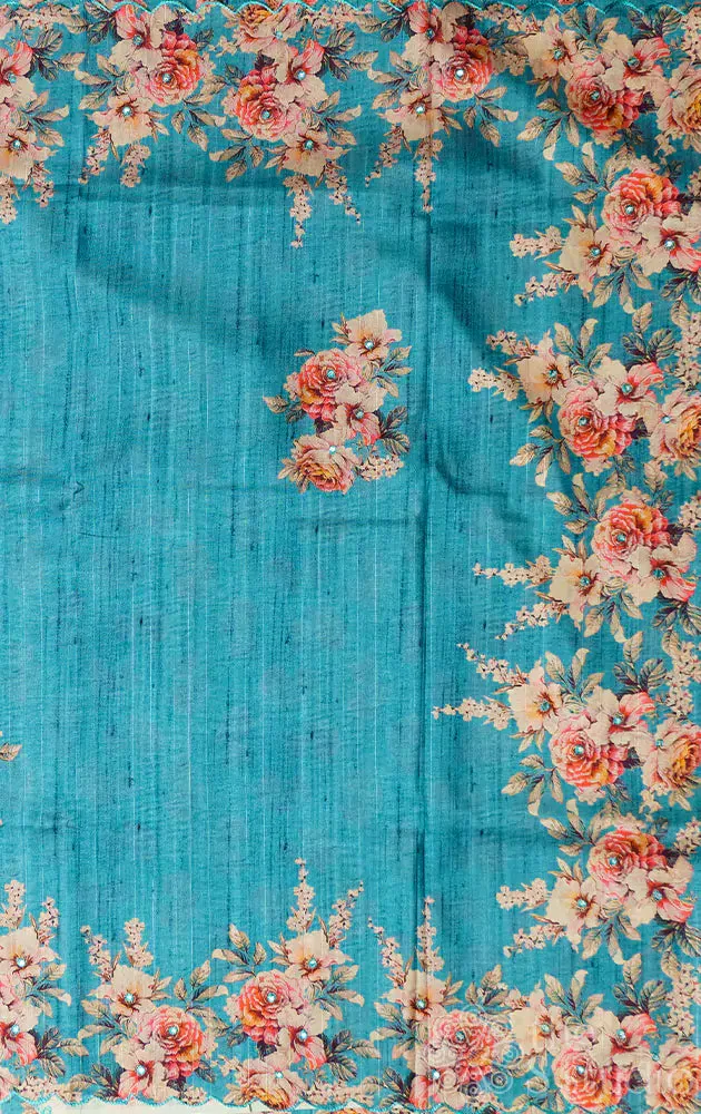Blue Semi tussar saree with printed embroidery