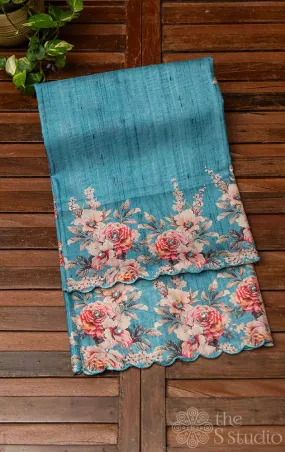 Blue Semi tussar saree with printed embroidery