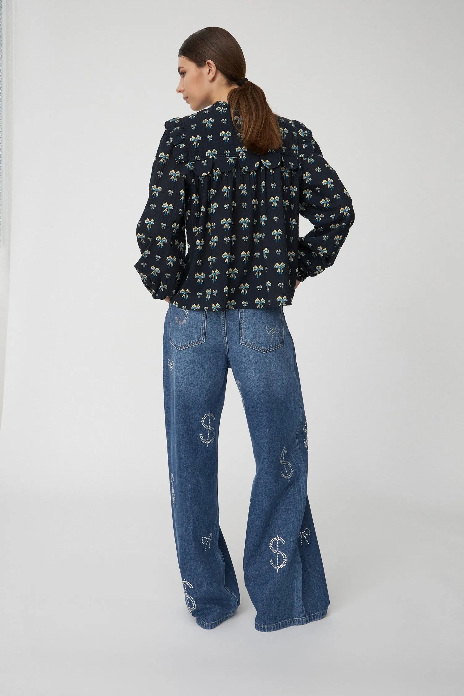 Bow Printed Tounge Blouse - Blue
