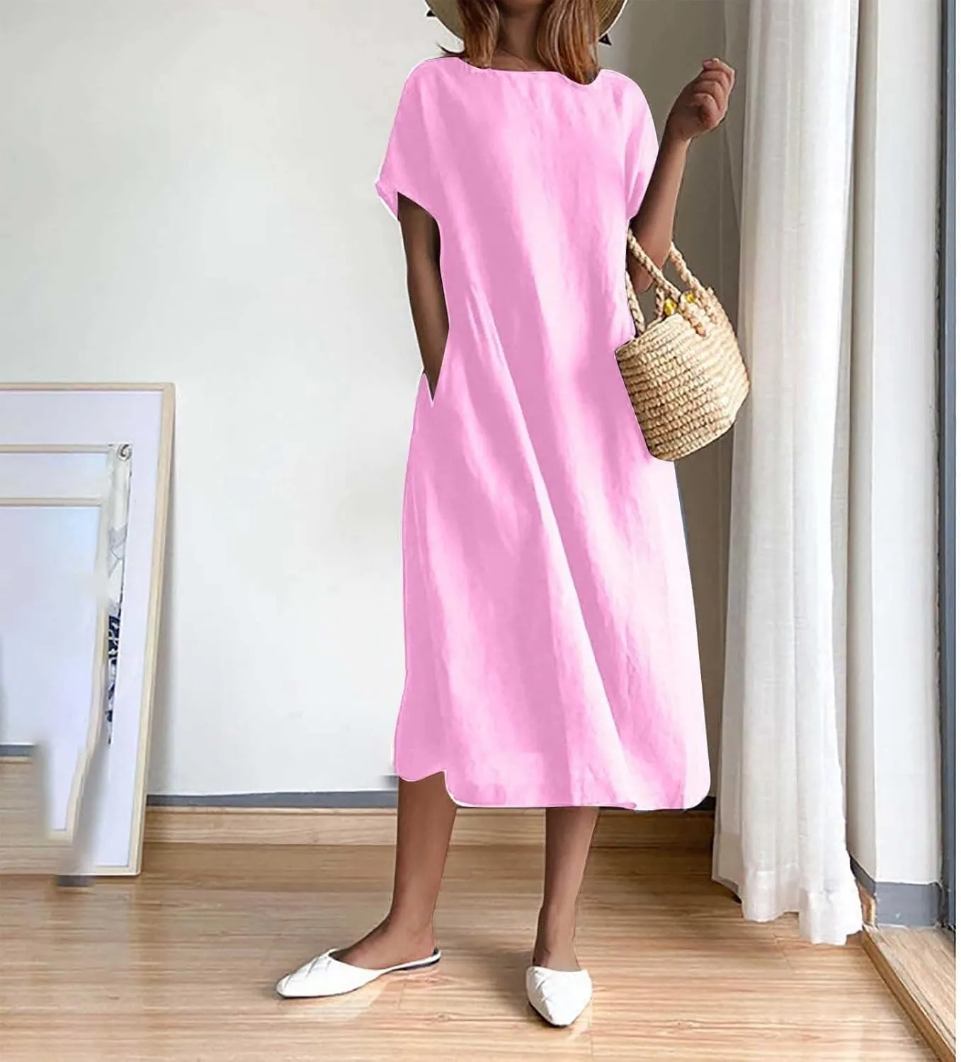 Cotton Linen Dresses for Women 2025 Short Sleeve Beach Dress Flowy Summer Dresses Vacation Shirt Dress with Pocket