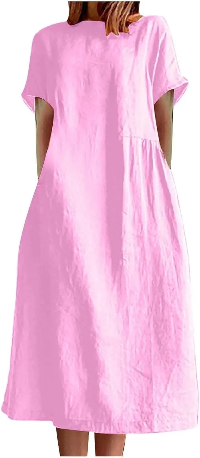 Cotton Linen Dresses for Women 2025 Short Sleeve Beach Dress Flowy Summer Dresses Vacation Shirt Dress with Pocket