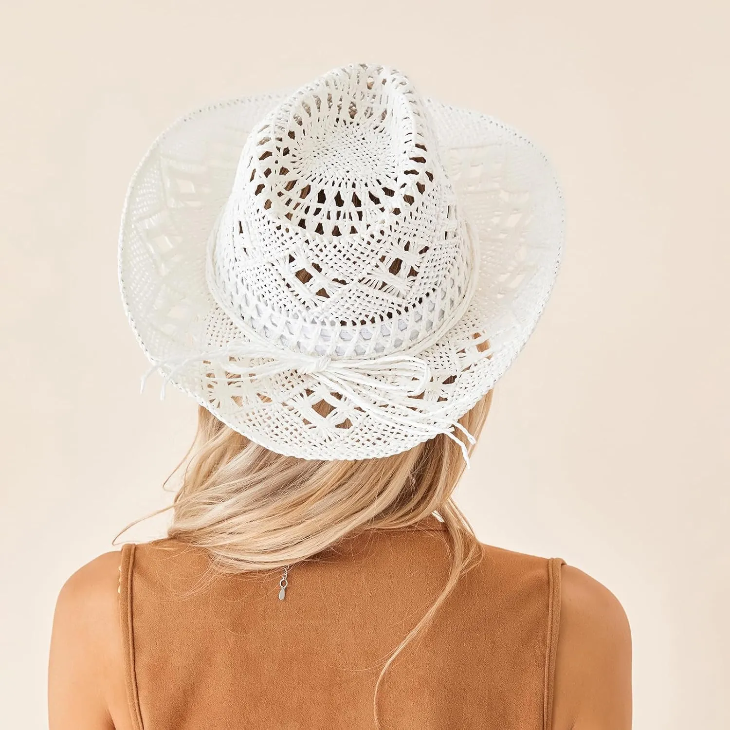 Cowboy Hat for Women and Men Breathable Sunhat Hand-Woven Straw Wide Brim Western Hats for Cowboys and Cowgirls