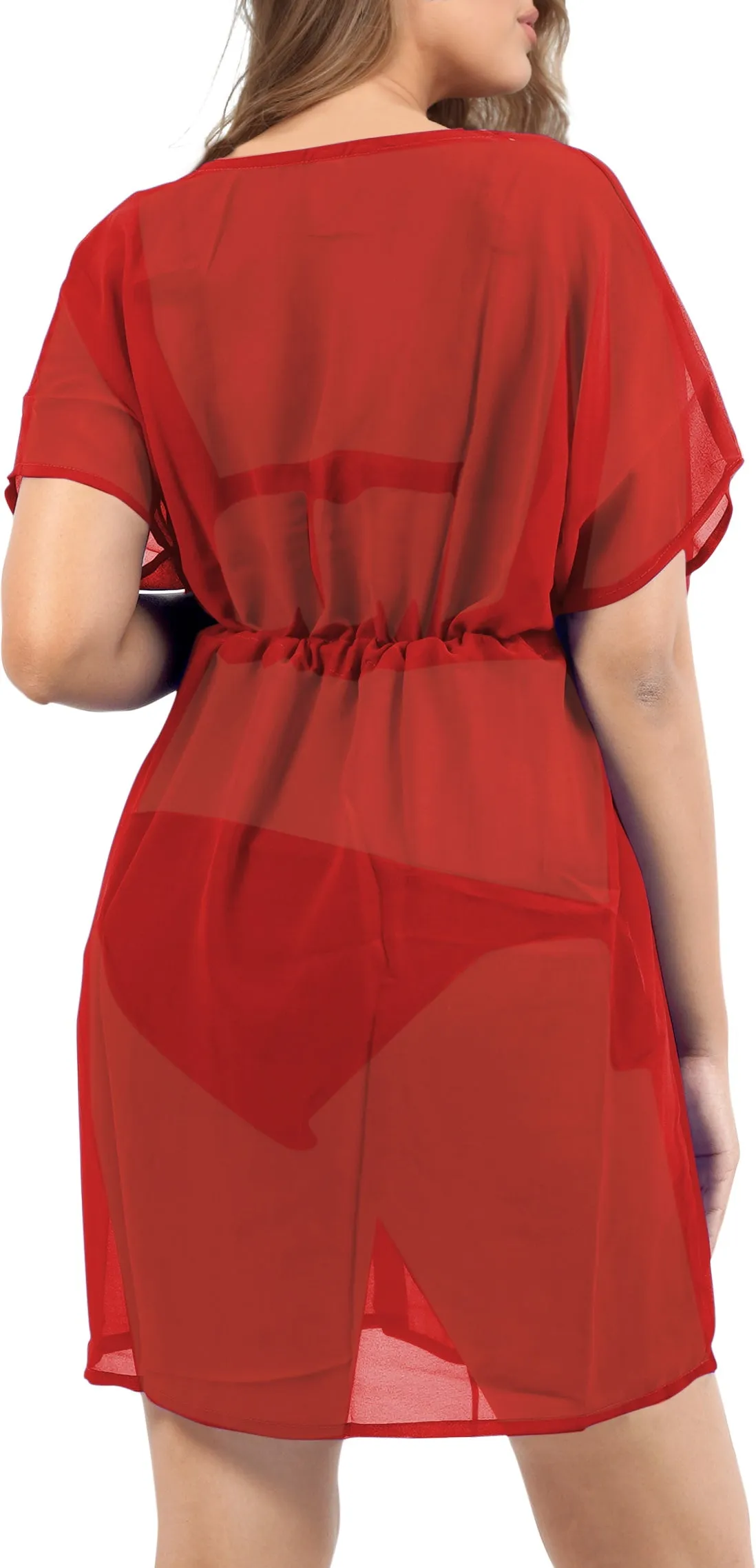 Effortless Elegant Red Sheer Solid V-Neck Beach Cover up For Women