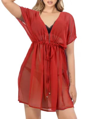 Effortless Elegant Red Sheer Solid V-Neck Beach Cover up For Women