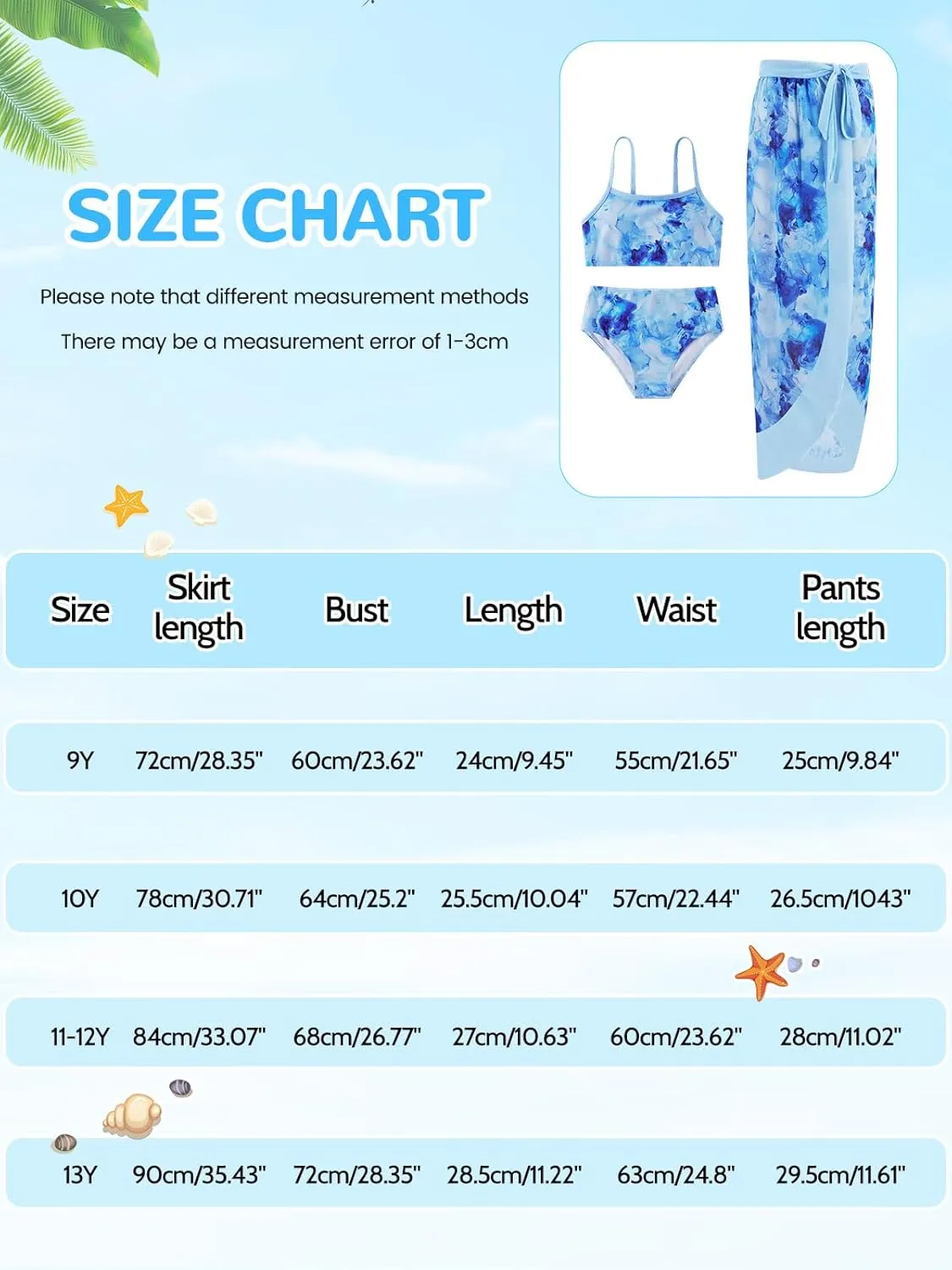 ESHOO Girls Swimsuit 3 Piece Bikinis Sets with Cover Up Skirt Wrap Bathing Suit Kids Summer Beach Swimwear for Teen Girls