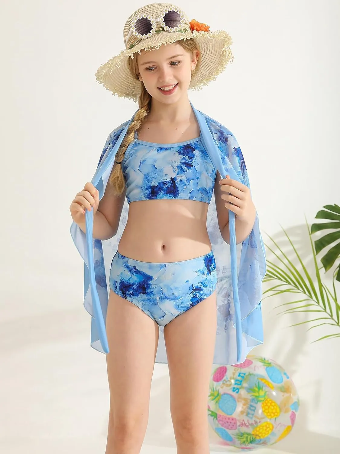 ESHOO Girls Swimsuit 3 Piece Bikinis Sets with Cover Up Skirt Wrap Bathing Suit Kids Summer Beach Swimwear for Teen Girls