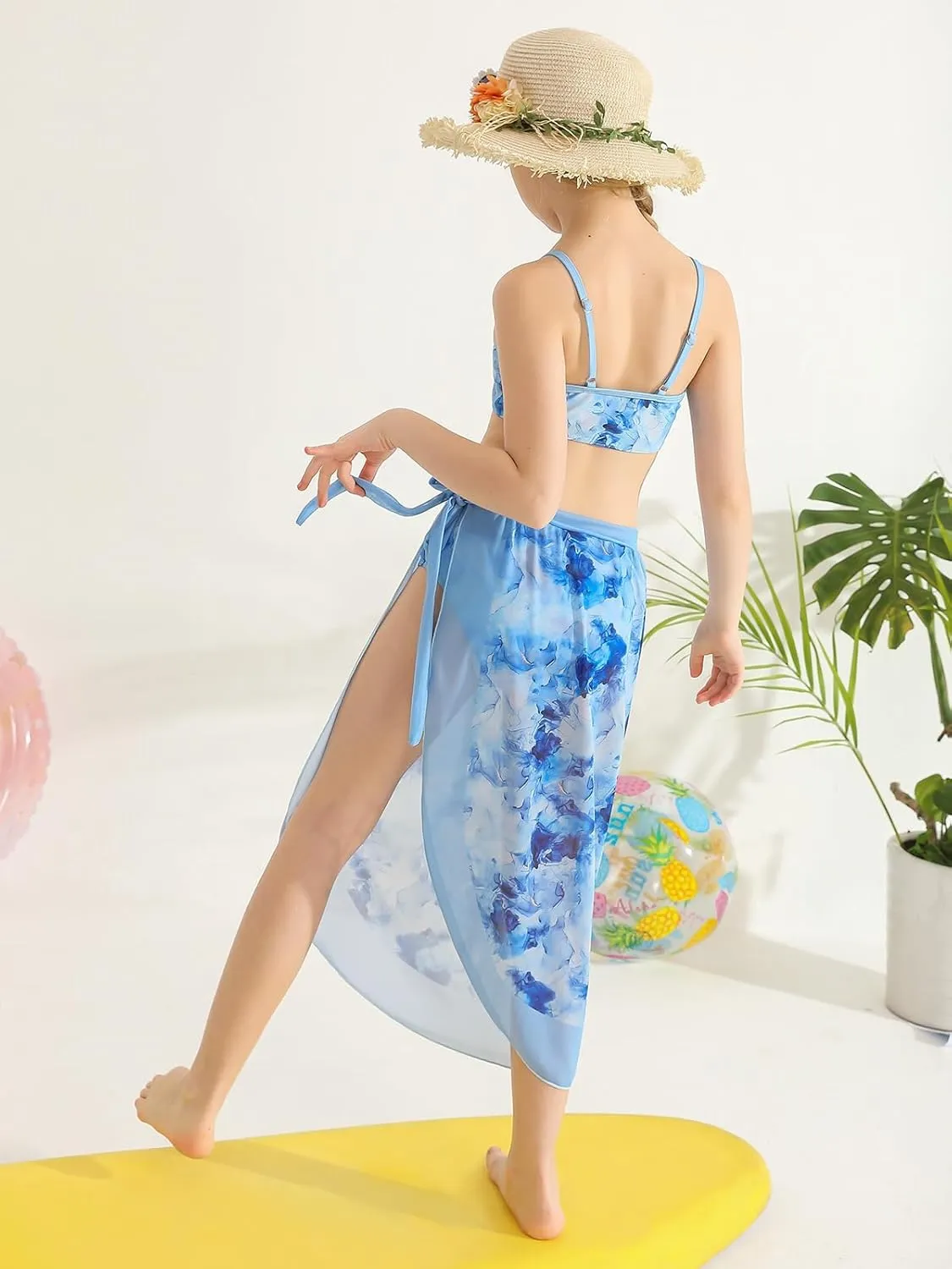 ESHOO Girls Swimsuit 3 Piece Bikinis Sets with Cover Up Skirt Wrap Bathing Suit Kids Summer Beach Swimwear for Teen Girls