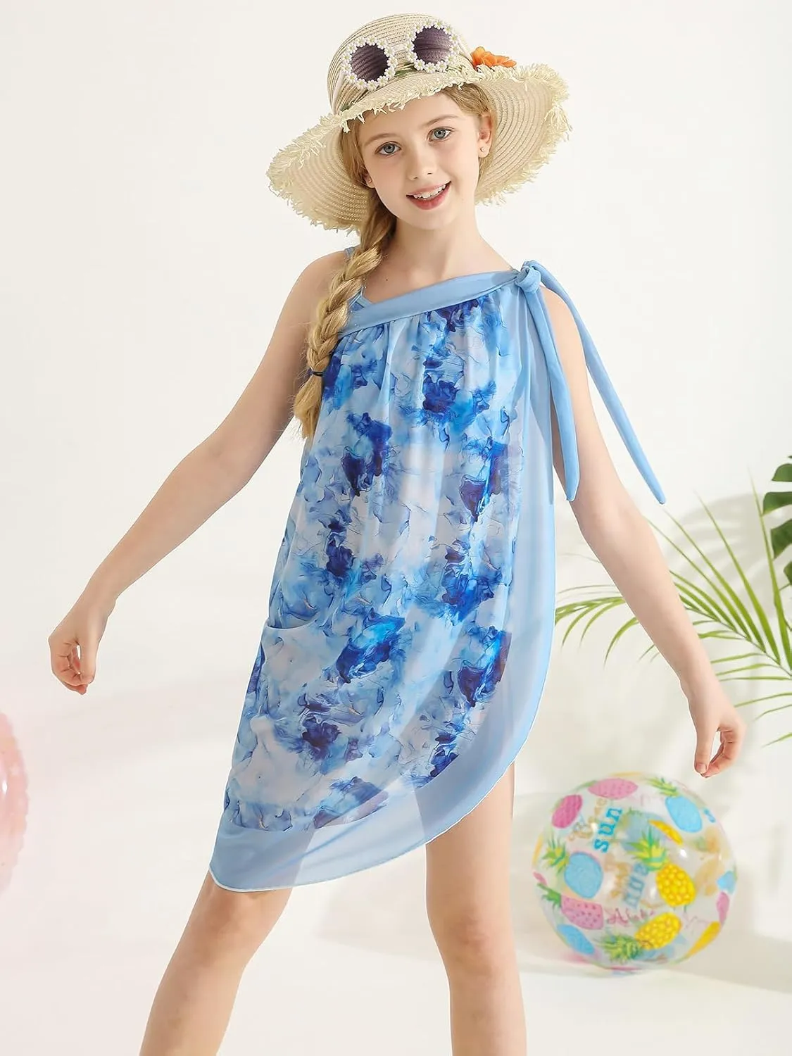 ESHOO Girls Swimsuit 3 Piece Bikinis Sets with Cover Up Skirt Wrap Bathing Suit Kids Summer Beach Swimwear for Teen Girls
