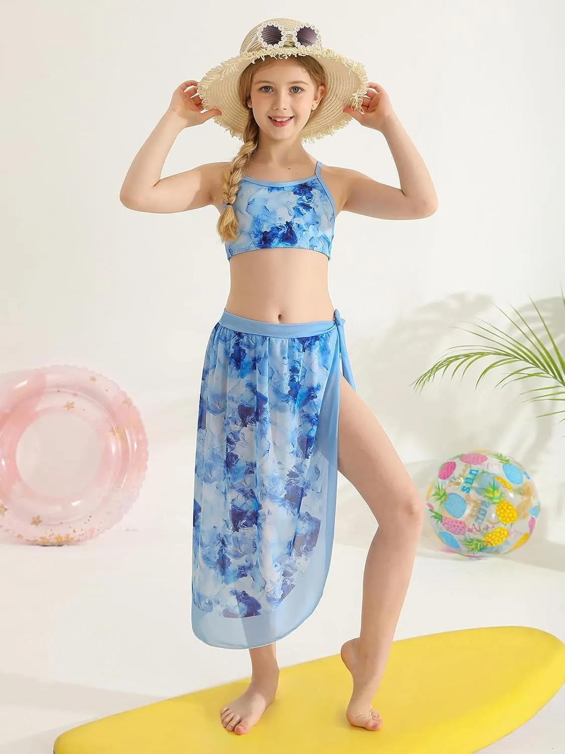 ESHOO Girls Swimsuit 3 Piece Bikinis Sets with Cover Up Skirt Wrap Bathing Suit Kids Summer Beach Swimwear for Teen Girls