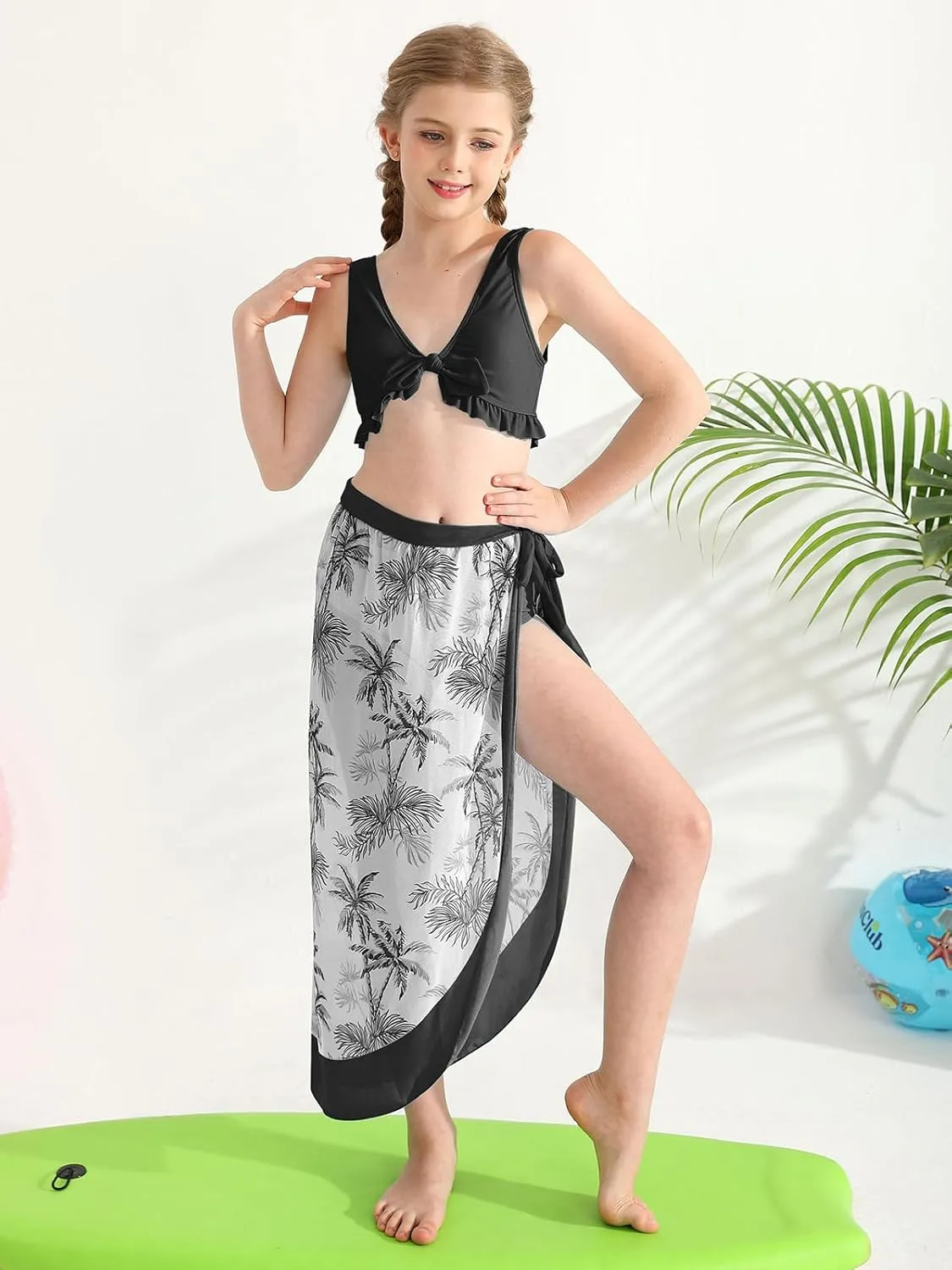 ESHOO Girls Swimsuits 3 Piece Bikinis Sets with Cover Up Skirt Warp Bathing Suit Beach Swimwear for Teen Girls 10-14 Years