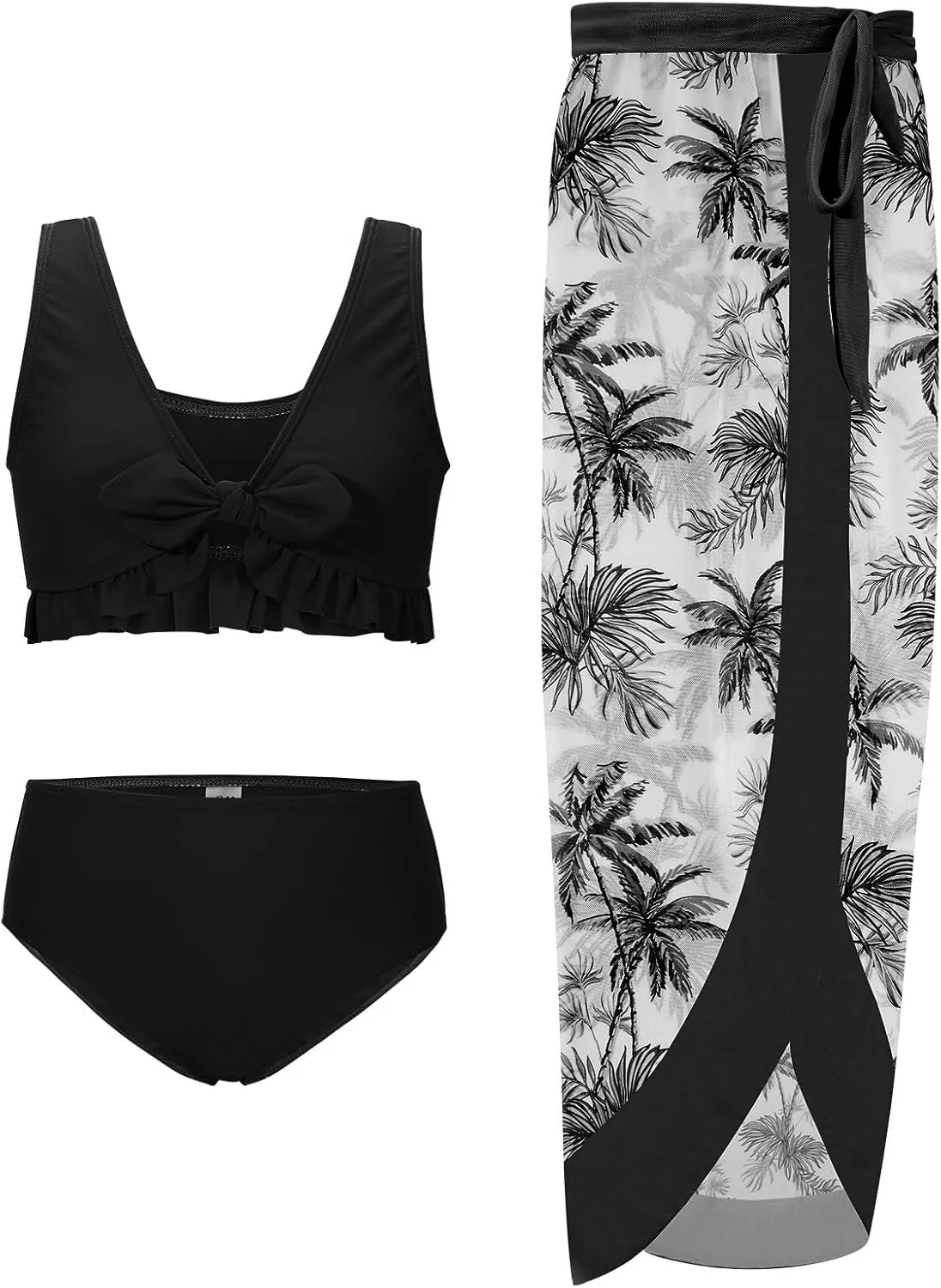 ESHOO Girls Swimsuits 3 Piece Bikinis Sets with Cover Up Skirt Warp Bathing Suit Beach Swimwear for Teen Girls 10-14 Years