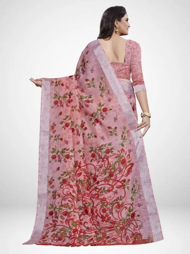 Floral Printed Daily Wear Linen Saree With Blouse