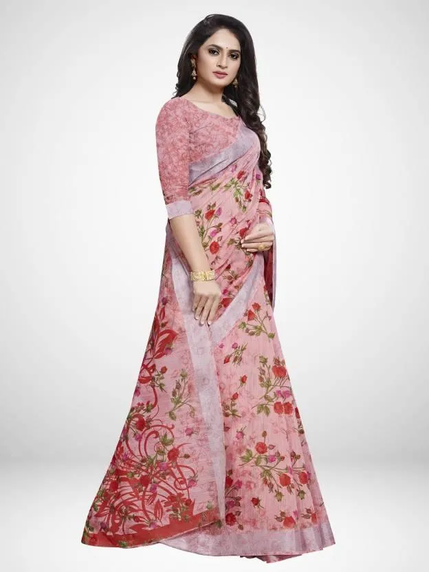 Floral Printed Daily Wear Linen Saree With Blouse