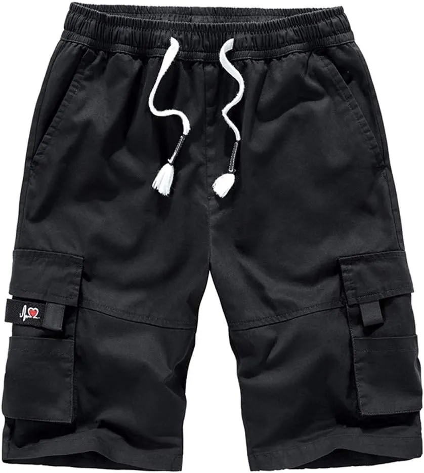 GIERIDUC Mens Cargo Shorts Elastic Drawstring Athletic Shorts Summer Casual Cotton Shorts Big & Tall Relaxed Fit Work Shorts