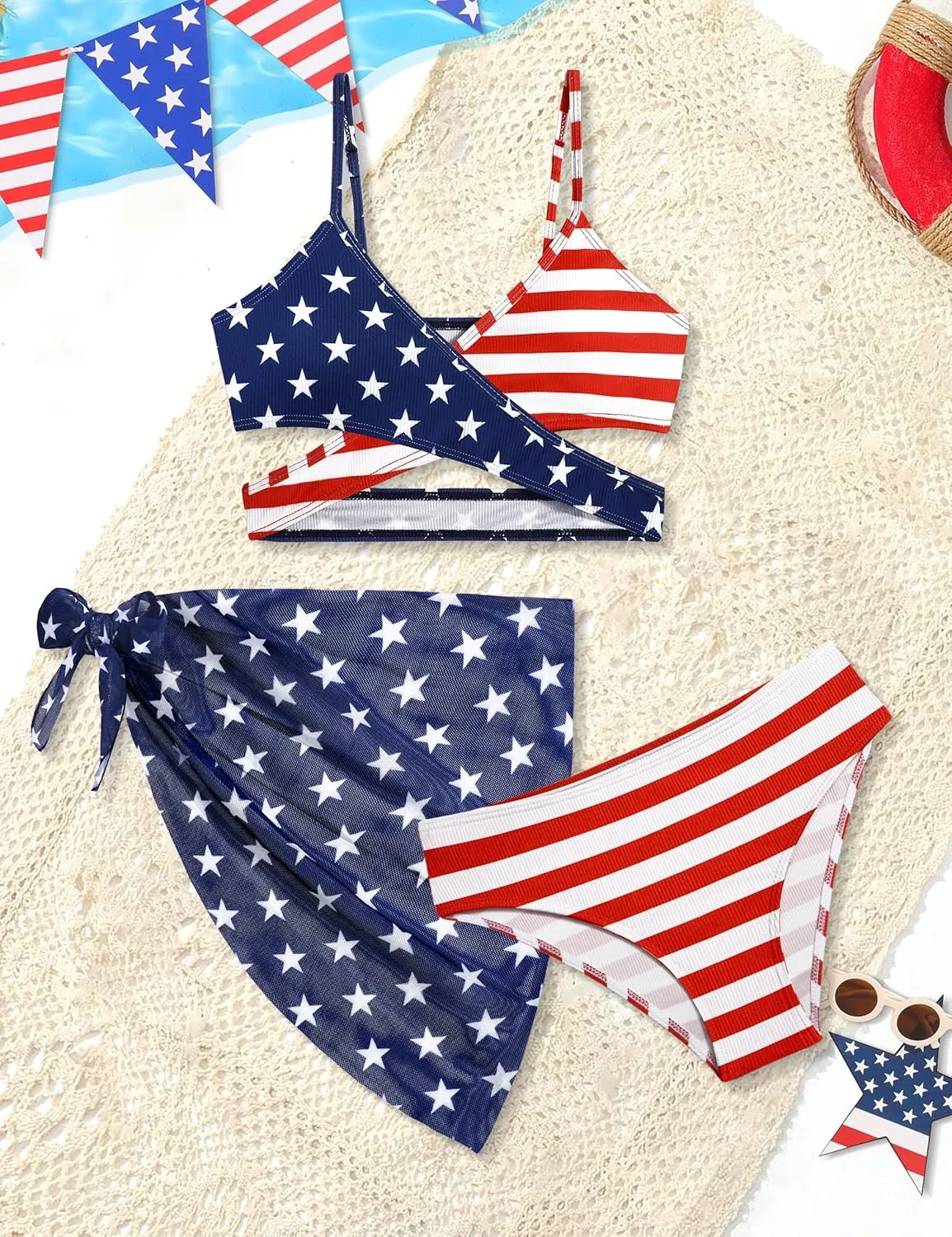 Girls Swimsuit 3 Piece Bathing Suits Criss Cross Color Block Bikini Set with Beach Cover Up Girls' Swimwear 7-16 Years
