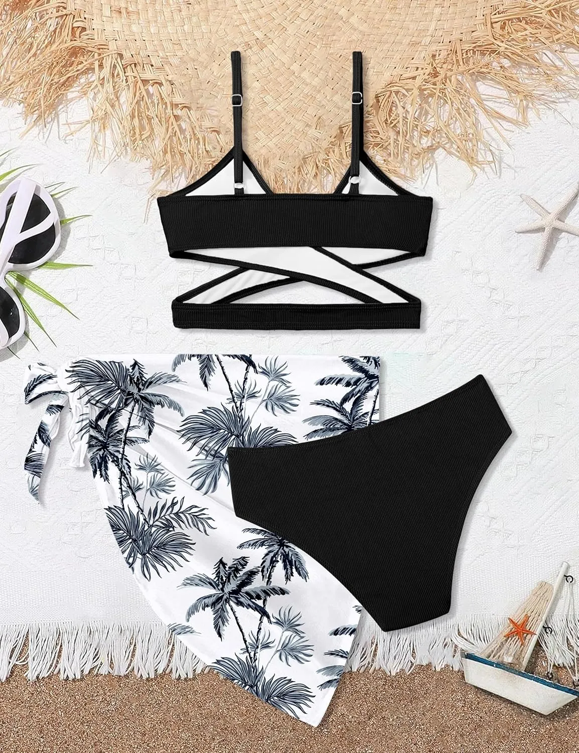 Girls Swimsuit 3 Piece Bathing Suits Criss Cross Color Block Bikini Set with Beach Cover Up Girls' Swimwear 7-16 Years