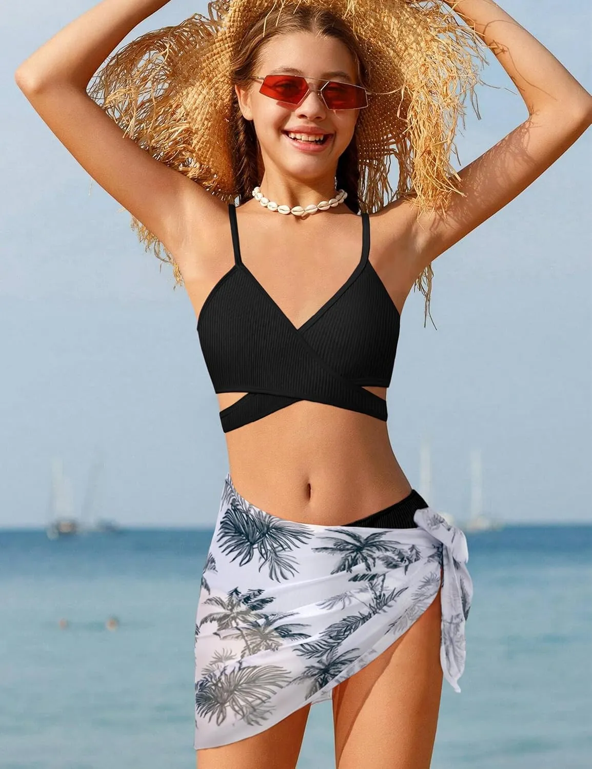 Girls Swimsuit 3 Piece Bathing Suits Criss Cross Color Block Bikini Set with Beach Cover Up Girls' Swimwear 7-16 Years