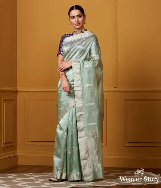 Handwoven Light Green Silver Zari Motif Silk Saree