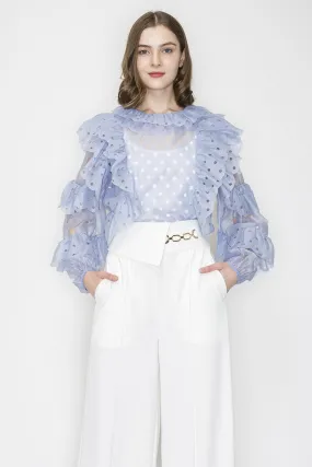 Ice Blue Ruffleed Laser-cut Long Sleeves Blouse Top