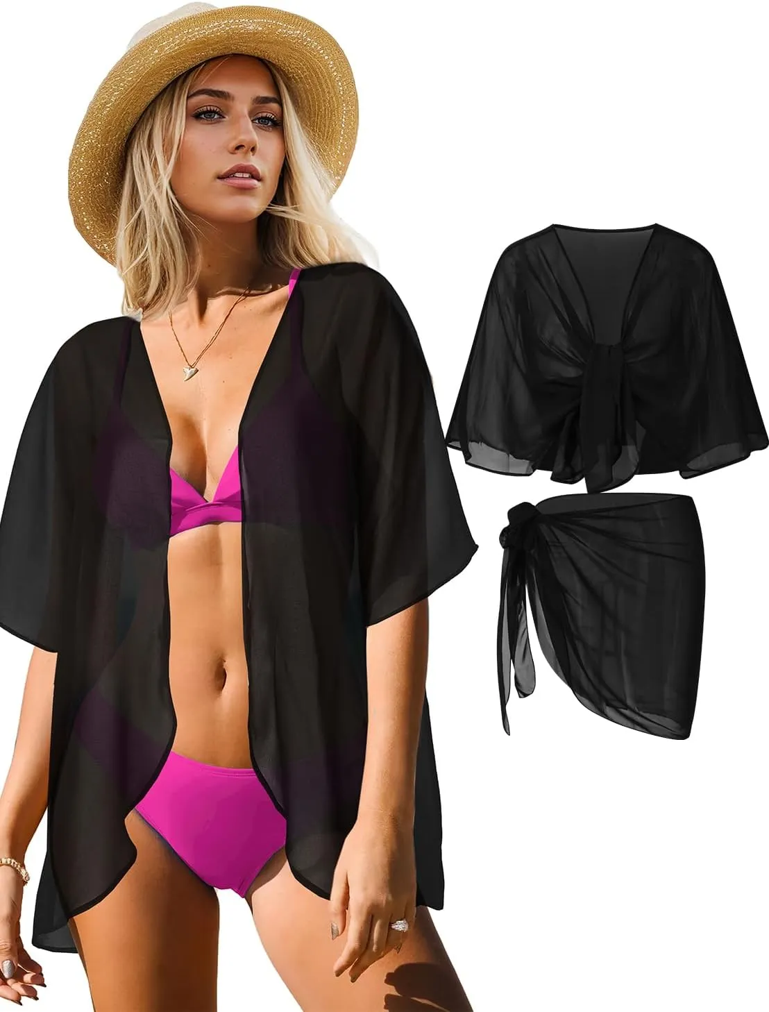 Jar of Love Women's Beach Sets for Women Short Sarong Sheer Chiffon Cover up and Kimono Cardigan Summer Sets