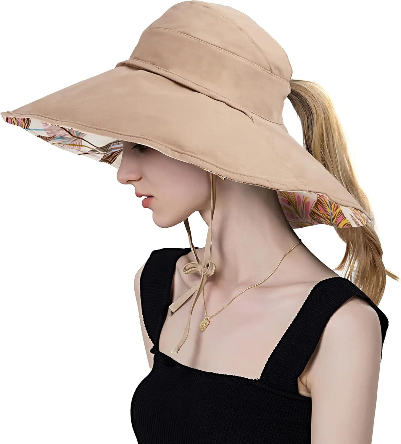Koreshion Women Ponytail Sun Hat Reversible Fishing Hat Foldable Bowknot Summer Hat UPF 50  Beach Cap Wide Brim Bucket Hat