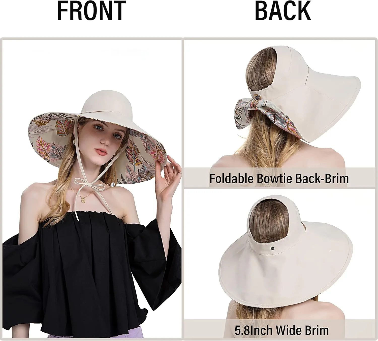 Koreshion Women Ponytail Sun Hat Reversible Fishing Hat Foldable Bowknot Summer Hat UPF 50  Beach Cap Wide Brim Bucket Hat