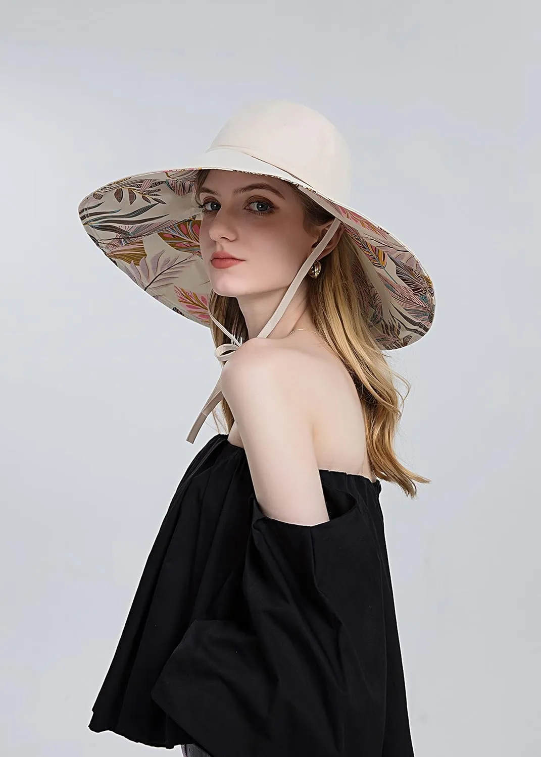 Koreshion Women Ponytail Sun Hat Reversible Fishing Hat Foldable Bowknot Summer Hat UPF 50  Beach Cap Wide Brim Bucket Hat