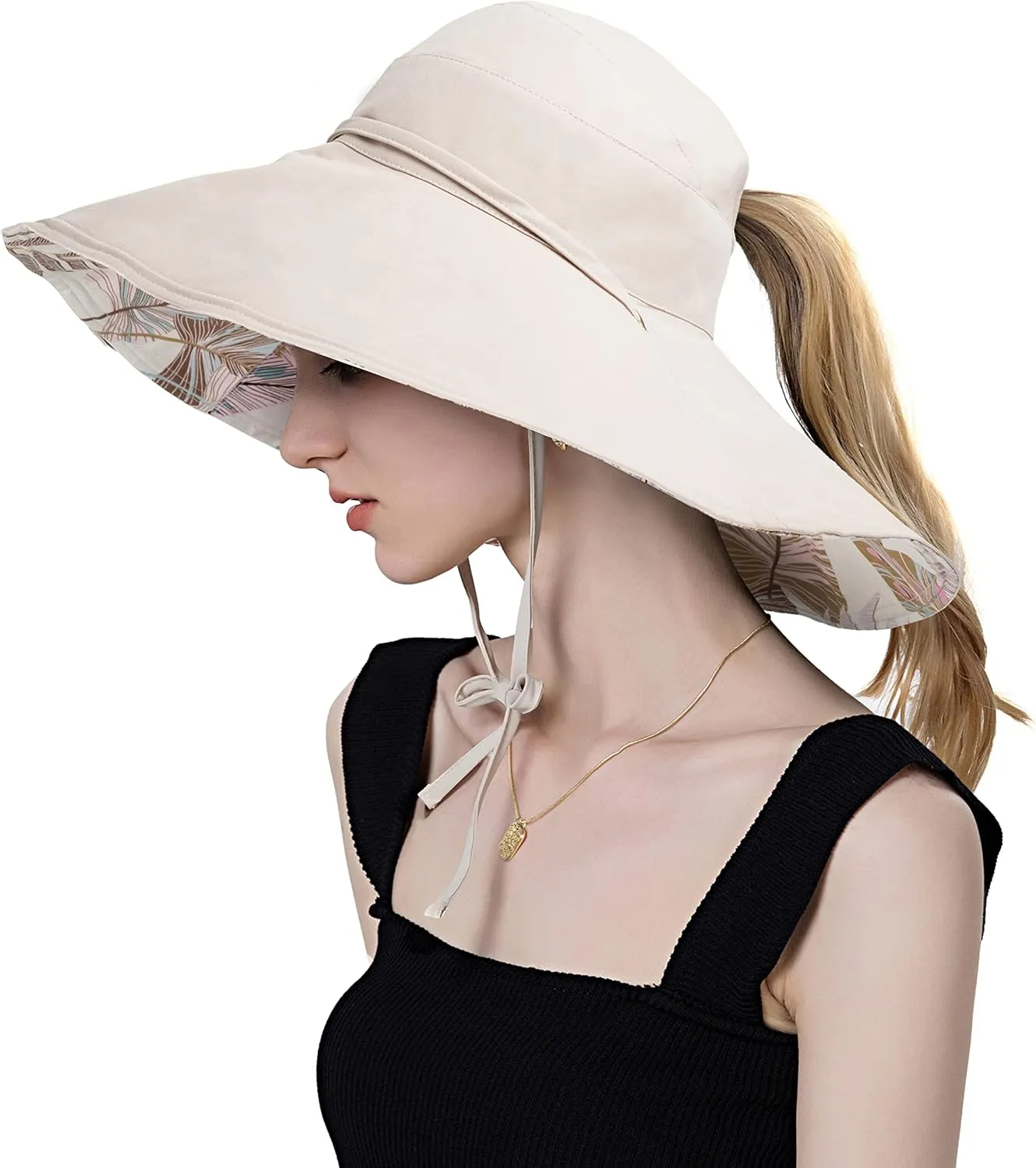 Koreshion Women Ponytail Sun Hat Reversible Fishing Hat Foldable Bowknot Summer Hat UPF 50  Beach Cap Wide Brim Bucket Hat