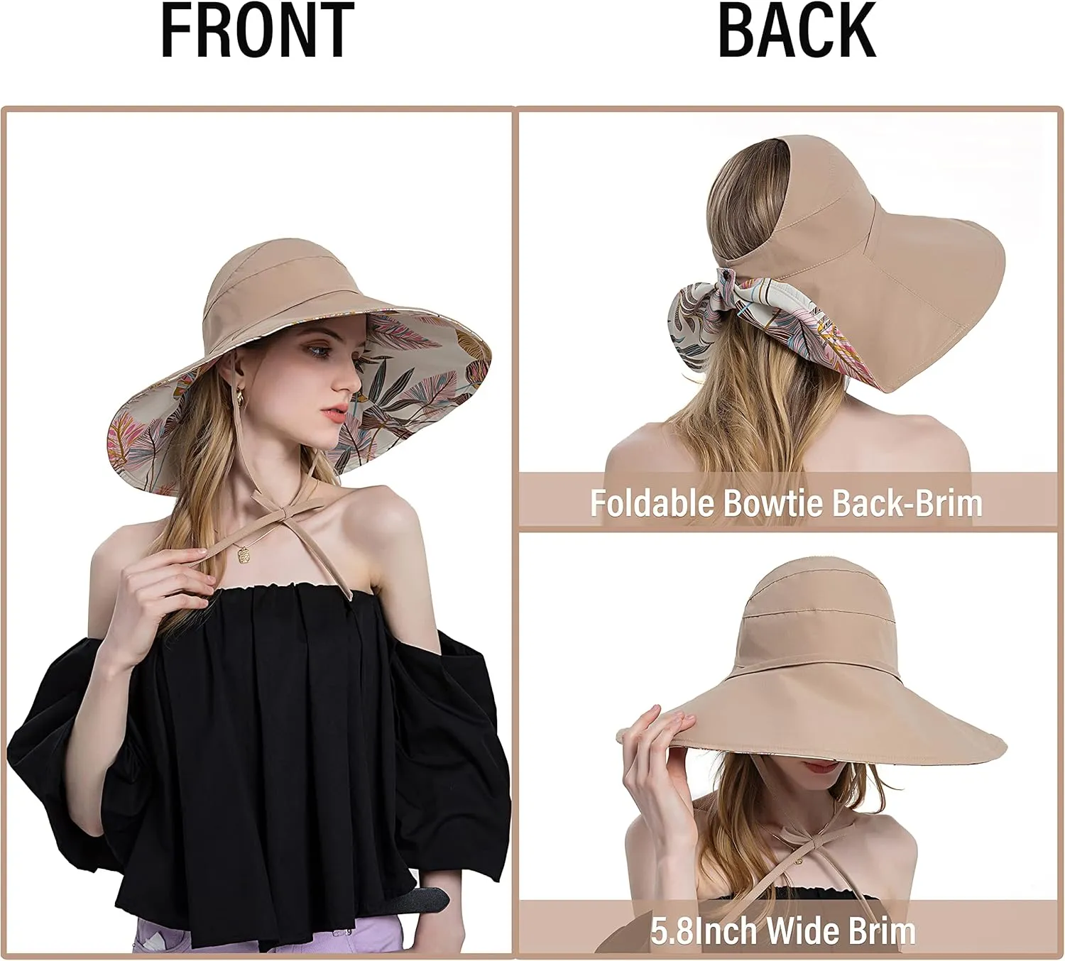Koreshion Women Ponytail Sun Hat Reversible Fishing Hat Foldable Bowknot Summer Hat UPF 50  Beach Cap Wide Brim Bucket Hat