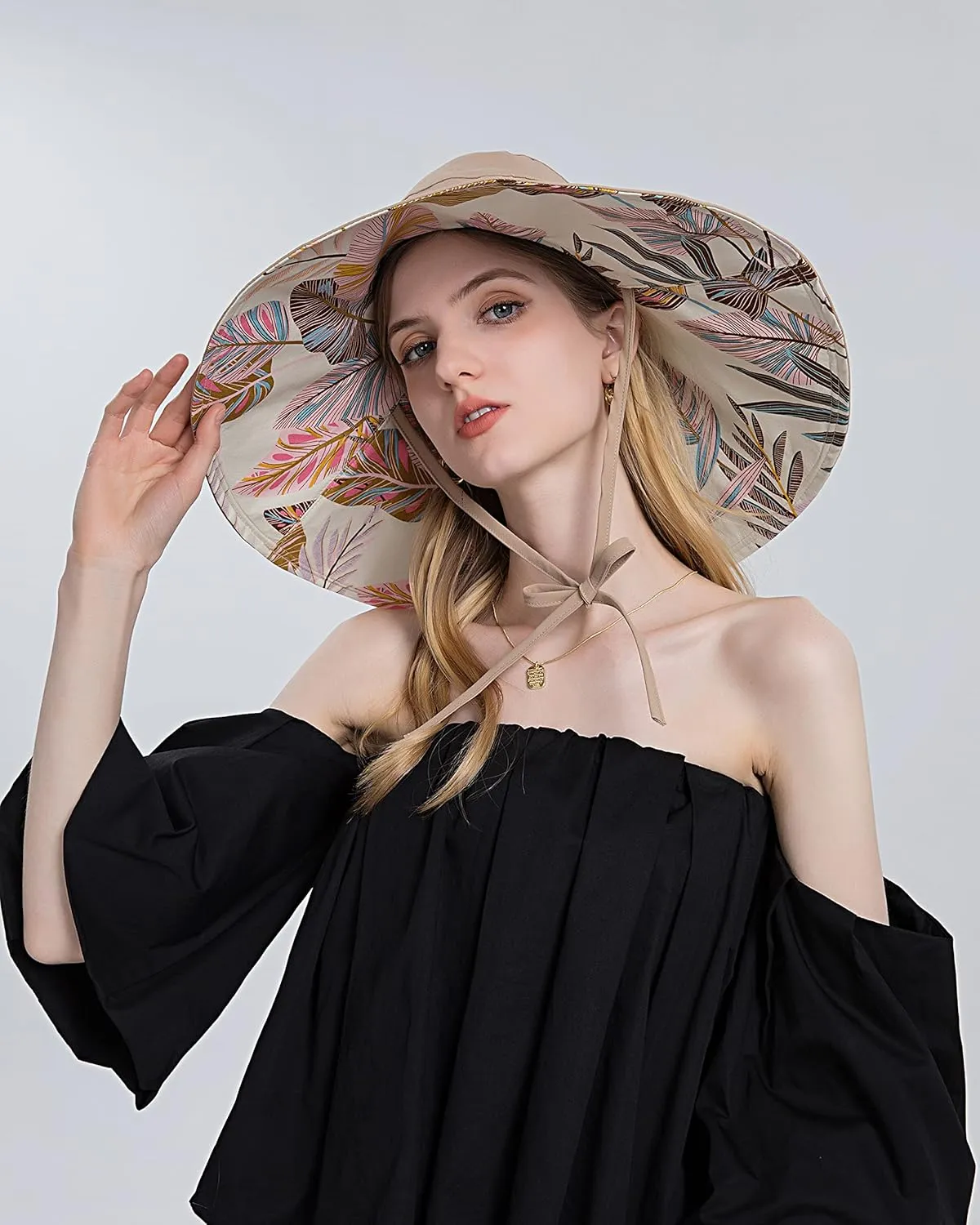 Koreshion Women Ponytail Sun Hat Reversible Fishing Hat Foldable Bowknot Summer Hat UPF 50  Beach Cap Wide Brim Bucket Hat