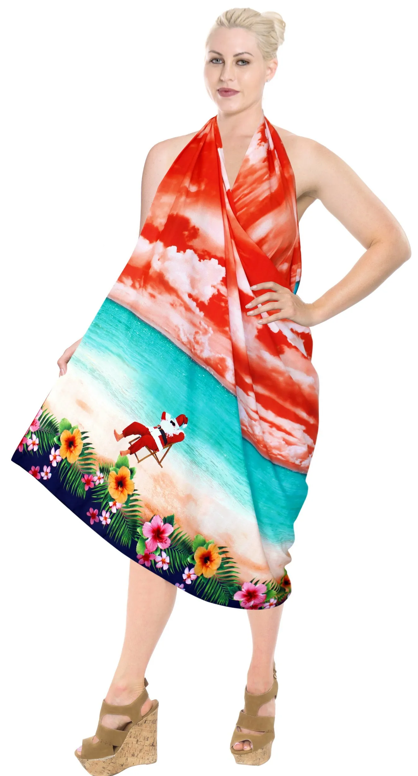 LA LEELA Christmas Beach Cover Up Women Sarong santa 78"X39" Orange_3233